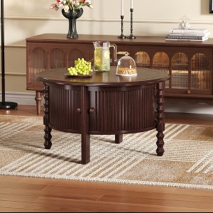 HDZNVF Vintage Round Coffee Table with Storage, Mid Century Modern Cocktail Table with Sliding Door, Walnut - 1 of 4