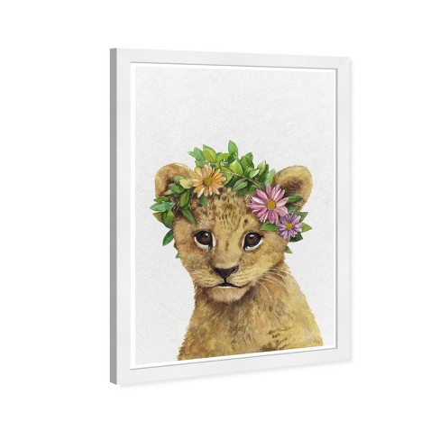 13" x 19" Floral Lion Animals Framed Wall Art Gray - Olivia's Easel: Modern Decor, Baby Animals Theme, White Frame - image 1 of 4