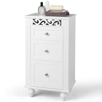 Tangkula Bathroom Floor Cabinet Storage Organizer Nightstand Carved Design w/ 3 Drawers