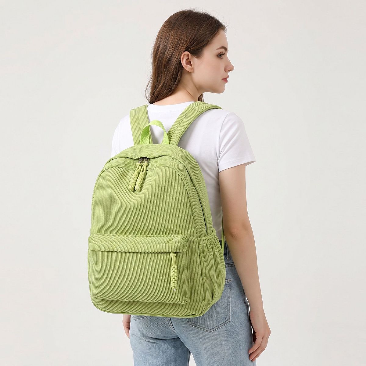 Alilang Corduroy Backpack with Front Zip Pocket Adjustable Straps and Spacious Everyday Storage - thumbnail 7