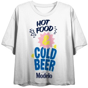 Modelo Hot Food & Cold beer text font, logo on white Adult Crop Tee - 1 of 4
