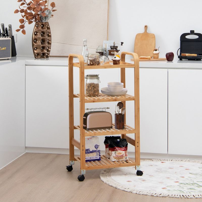 Costway 4-Tier Kitchen Serving Trolley Cart Mobile Bamboo Storage Shelf Lockable Casters, 3 of 11