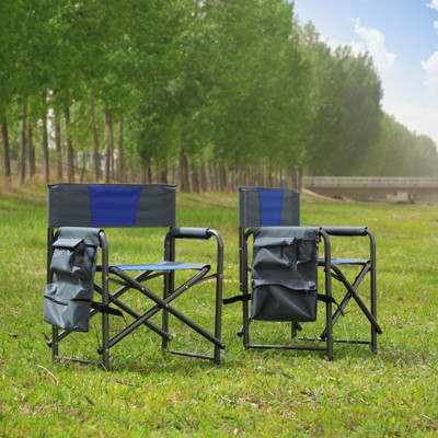 VisioGear Folding Chair, 2-Piece Padded Folding Outdoor Chair with Storage Pockets, Directors Chair for Camping, Blue & Gray, 21.7"*16.9"*29.5"