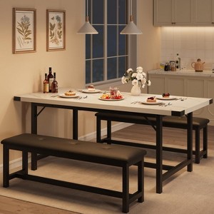 Dining Table Set for 4-6,63" Extendable Kitchen Table & Bench,Metal Frame Rectangle Table Set with 2 Upholstered Benches for Dining Room,Apartment - 1 of 4