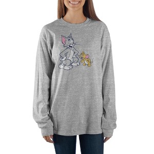 Tom & Jerry Classic Cartoon Characters Heather Grey Long Sleeve Shirt - 1 of 2