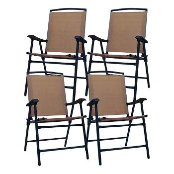 Four Seasons Courtyard Sunny Isles Steel Frame Folding Arm Chair Sling Fabric Outdoor Patio Furniture Lounge Seating Set, Mocha (4 Pack)