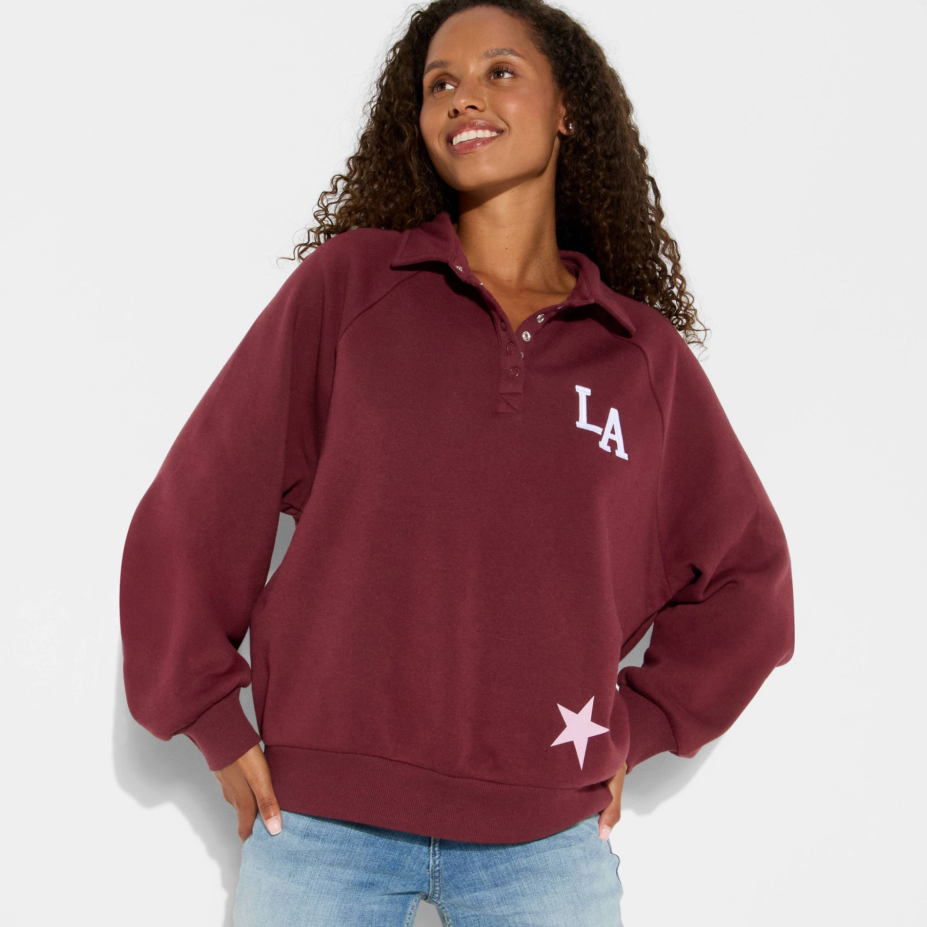 Women's LA Button-Front Graphic Pullover Sweatshirt - Burgundy
