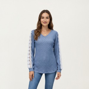 Anna-Kaci Women's Long Sleeve V-Neck Knit Top with Lace Trim Detailing on Sleeves - 1 of 4