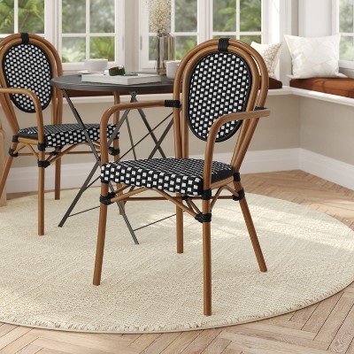 Black and White Wicker Rattan Bistro Dining Chair with Brown Frame
