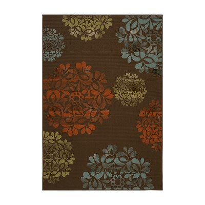 Brown and Blue Floral 5' x 8' Stain-Resistant Outdoor Rug