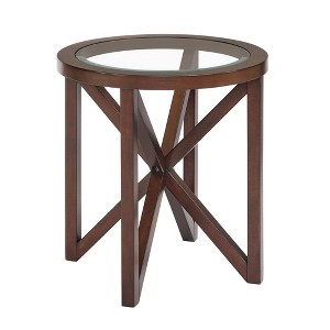 ChicFurnit Coffee Table Round Glass Top with Solid Wood Base for Living Room and Study Spaces, Brown, 22.13"*22.13"*22.13" - 1 of 4