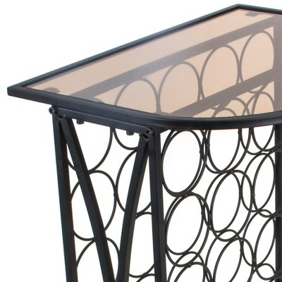 Black Metal Wine Rack Stand with Glass Tabletop for 30 Bottles