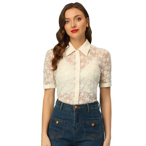 LARACE Floral Tops for Womens Blouse Lace Short Sleeve Shirt