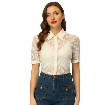 Allegra K Women's Floral Lace Shirt Short Sleeve Semi Sheer Button Down Blouse