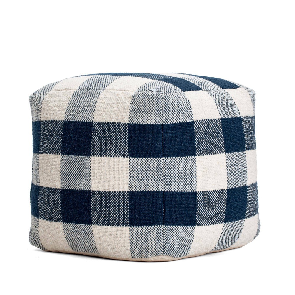 Sky Pouf  - Anji Mountain Versatile. Comfortable. Functional. Poufs transform a nice room into something better by providing a pop of style and sprinkle of texture. Whether being used in a seating configuration or just serving as a comfortable ottoman to kick your feet up on, these poufs make your home better. In addition to the handmade high quality, these pieces are filled in the U.S.A with premium, expanded polypropylene beads. This fill provides tremendous durability in keeping the item shape while delivering a consistent soft yet firm every time. Color: Ivory/Navy. Pattern: Check.