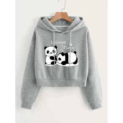 TIME HOLLOW Panda Graphic Drop Shoulder Thermal Hoodie