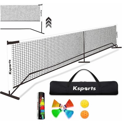 Ksports Pickleball Set for Kids & Adults, Multifunctional 22 Foot Net with 4 LED Shuttlecocks, Carry Bag, & 2 Game Balls for Badminton & Tennis, White