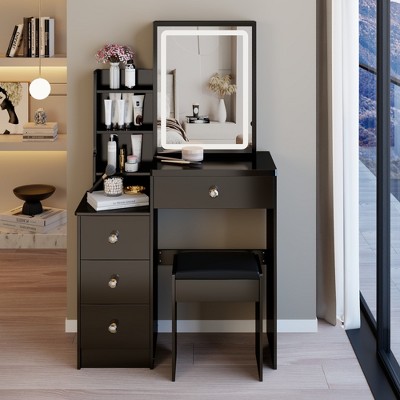 VYNXARIA 29.2" Small Size Left Bedside Cabinet Vanity Table&Cushioned Stool, Large Sliding,High Capacity Storage, Suitable for Small Space,Black