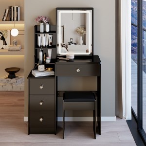 VYNXARIA 29.2" Small Size Left Bedside Cabinet Vanity Table&Cushioned Stool, Large Sliding,High Capacity Storage, Suitable for Small Space,Black - 1 of 4