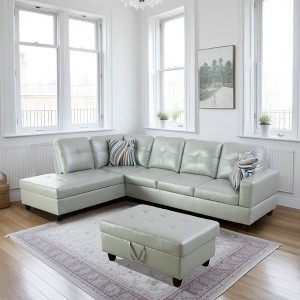 Gray PU Leather Sectional Sofa Suite L-Shaped Configuration, Tufted Upholstery, Versatile Storage Ottoman, Contemporary Living Space Solution - 1 of 4