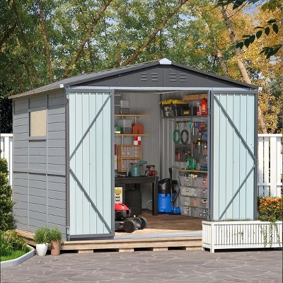Outdoor Gray Backyard Storage Shed,Iron-Wood Frame Garden Bike Shed with Windows,Iron Doors,All-Weather Waterproof Garden Tool Shed-Coolbibila
