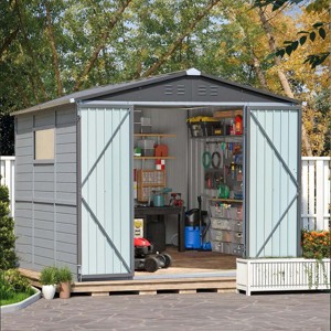 Outdoor Gray Backyard Storage Shed,Iron-Wood Frame Garden Bike Shed with Windows,Iron Doors,All-Weather Waterproof Garden Tool Shed-Coolbibila - 1 of 4