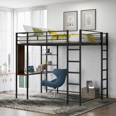 Full Size Metal Loft Bed With 2 Shelves And One Desk, Black ...