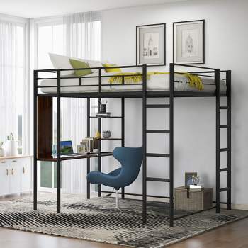 Full Size Metal Loft Bed with 2 Shelves and one Desk - ModernLuxe