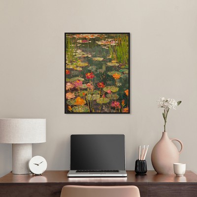 Colorful Impressionist Water Lilies Canvas Print with Black Frame