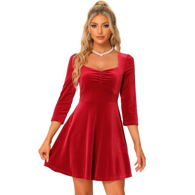 INSPIRE CHIC Women's Vintage Sweetheart Neck 3/4 Sleeve Mini Velvet Dress