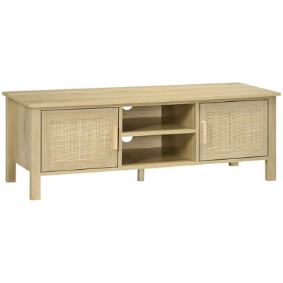 HOMCOM Boho TV Stand for 60 Inch Television, Entertainment Center with Rattan Door, Adjustable Shelf and Storage Cabinets, TV Console Cabinet, Natural
