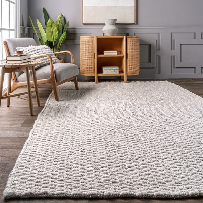 Ivory Chevron Handwoven Wool Square Area Rug, 5' x 8'