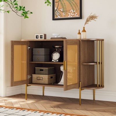 NicBex Buffet Cabinet with Storage Elegant 2-door Curved Sideboard Cabinet with Gold Trim and Woven Rattan Doors for Dining Room, Living Room