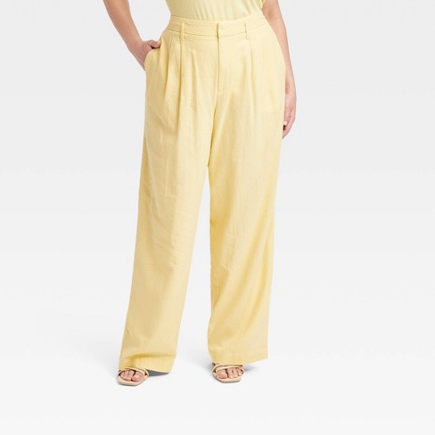 Women's High-Rise Linen Pleat Front Straight Pants - A New Day™ Yellow 17  Short