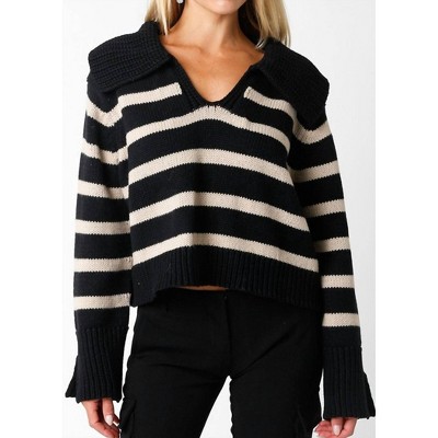 Women's Drama Collar Stripe Sweater - OLIVACEOUS