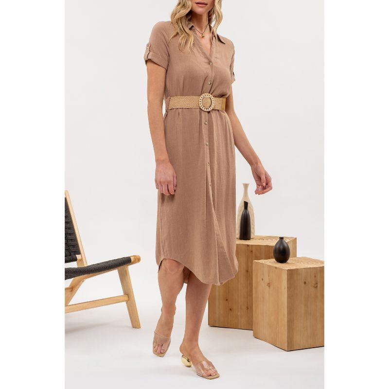 August Sky Women's Spread Collar Front Button Up Belted Midi Shirtdress, 5 of 7