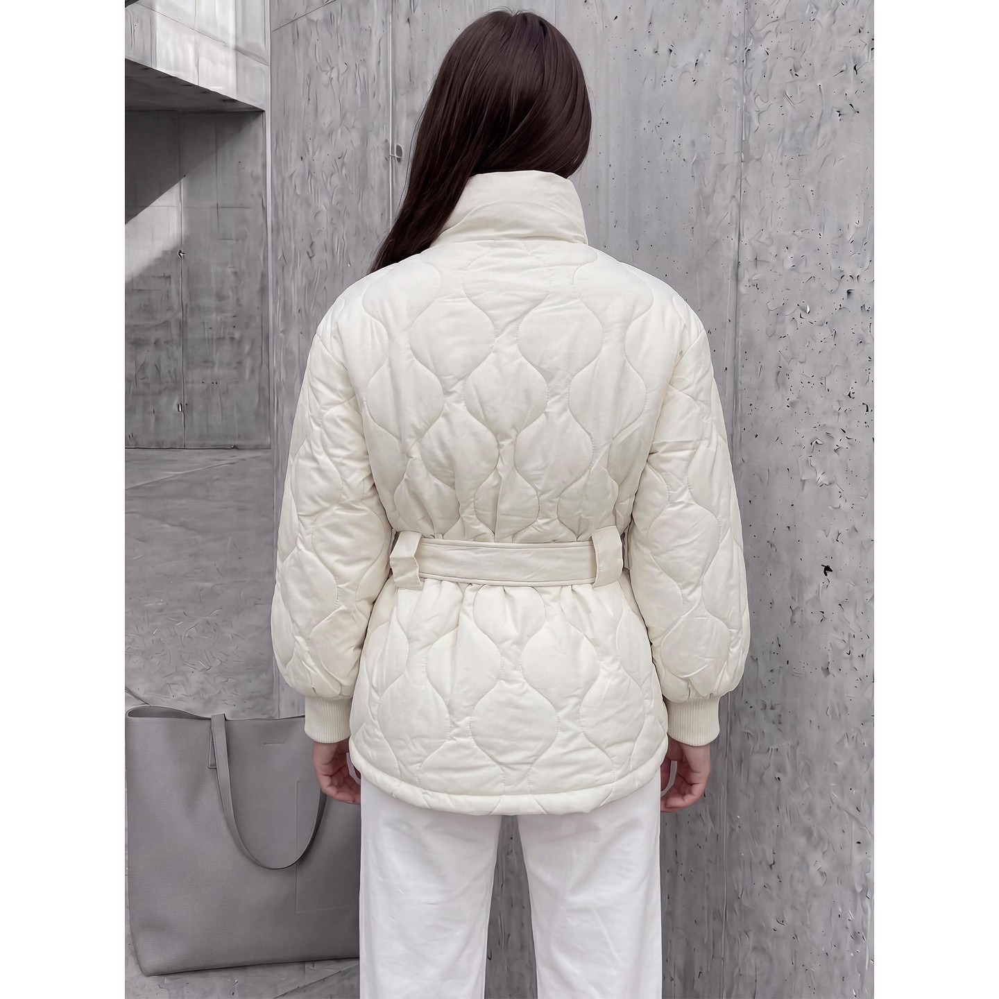 Женская куртка INSPIRE CHIC Stand Collar Balloon Sleeve Belted Zip Up Quilted Lightweight Winter Puffer Coats X Large Beige, цвет: Бежевый — фото 3