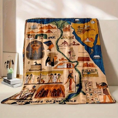 Ancient Egyptian Map Civilization Print Flannel Blanket, Contemporary Style, All Seasons, Office Nap Portable Throw, Christmas Gift.
