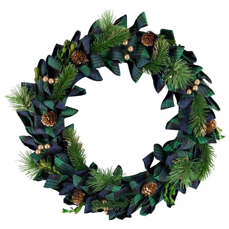 Northlight Blue and Green Plaid Bow Artificial Pine Christmas Wreath, 17.75-Inch, Unlit, 1 of 4