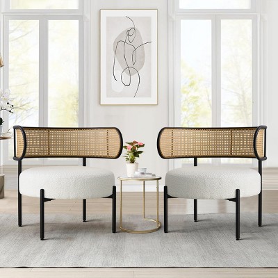 White Boucle Accent Chair with Rattan Back,Boucle Rattan Accent Chair with Black Metal Base,Cane Accent ArmChair For Living Room-Cuddlewood