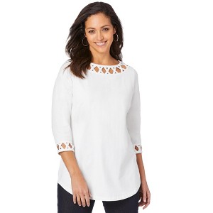 Jessica London Women's Plus Size Stretch Cotton Lattice Boatneck Tunic - 1 of 4