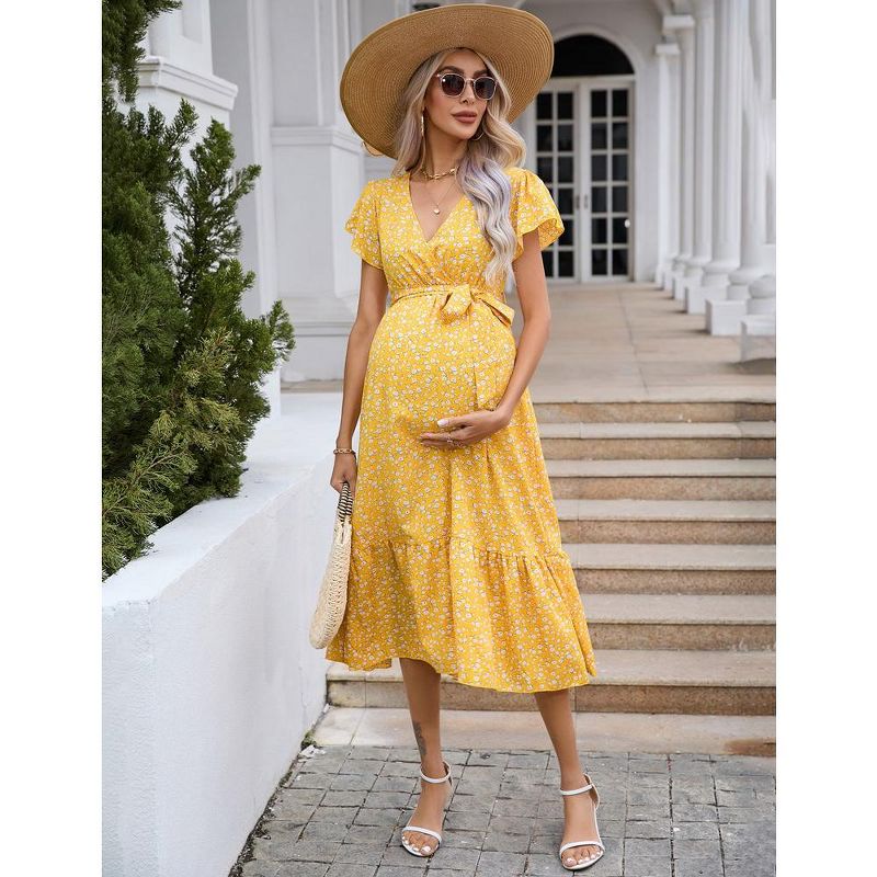 Women's Maternity V Neck Wrap Maxi Summer Dress Short Sleeve Boho Casual Nursing Dress Baby Shower Photoshoot Belt, 3 of 8