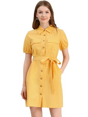 Allegra K Women's Collared Side Pockets Button Up Cotton Belted Shirt Dress
