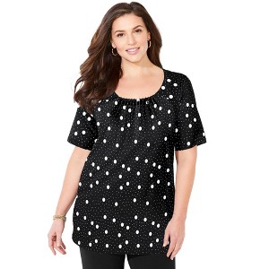 Catherines Women's Plus Size Jeweled Neck Pintuck Top - 1 of 4