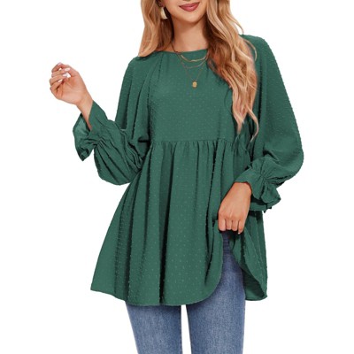 EXLURA Womens Long Sleeve Blouses Swiss Dot Babydoll Loose Fit Maternity Top 2025 Spring Fall Tunic Shirts Dressy Casual Tops White