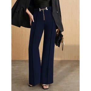 Women's High-Waist Trousers Kick Hem Flowy Pants with Metal Belt Solid Color Bottoms - 1 of 4