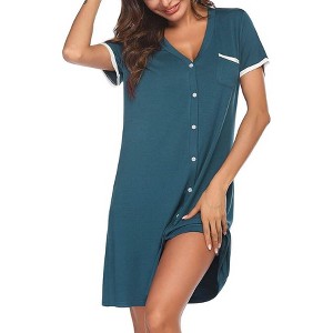 Ekouaer Nightgowns for Women Button Down Pajamas Tops Short Sleeve Sleepwear V-Neck Sleepwear - 1 of 4