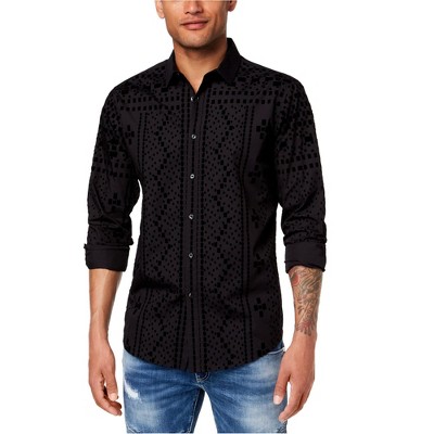 I.N.C International Concepts Mens Flocked Pattern Button Up Shirt, Black, Small
