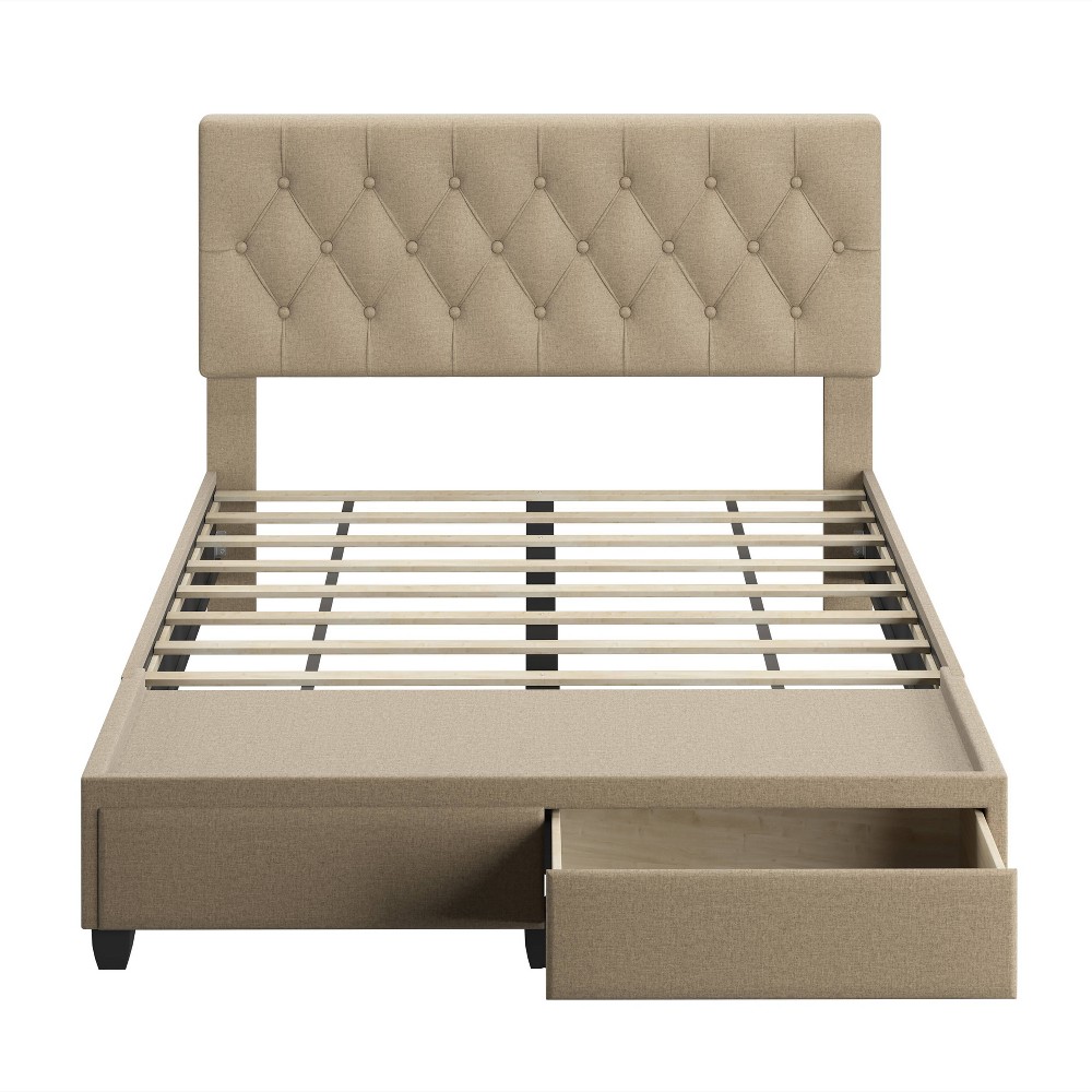 Photos - Bed Eco Dream Queen Henley Linen Tufted Upholstered Platform  with Storage Drawers Light Beige: Wood Composite Frame, Polyest