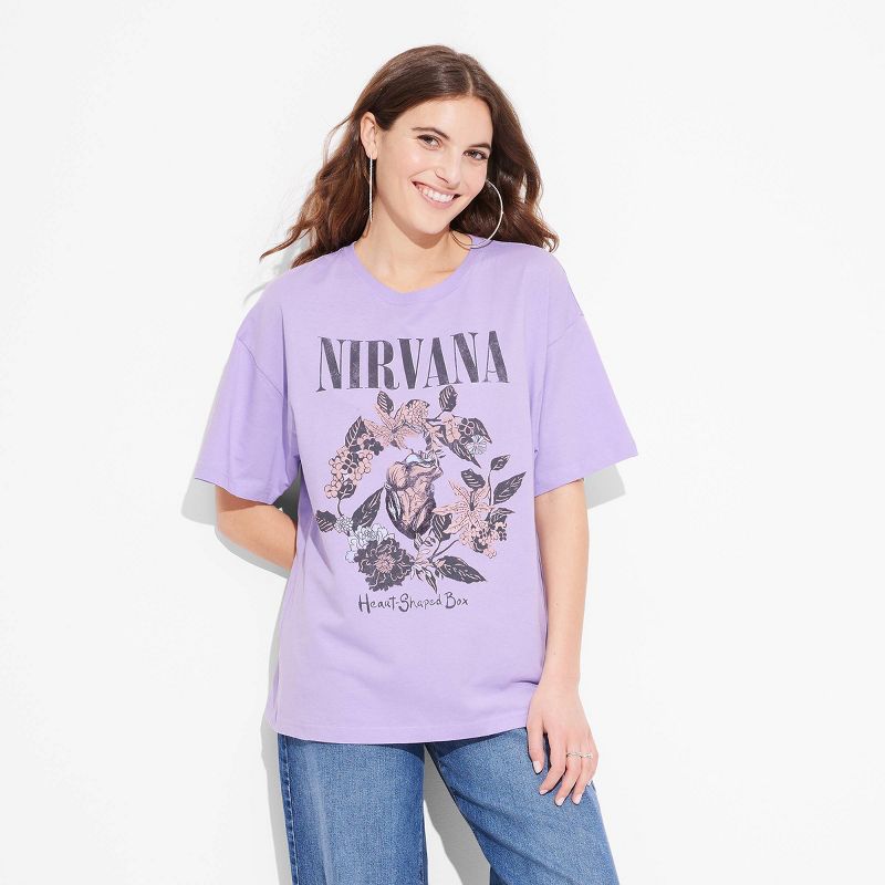 Women's Nirvana Heart Shaped Box Oversized Short Sleeve Graphic T-Shirt - Purple, 1 of 7